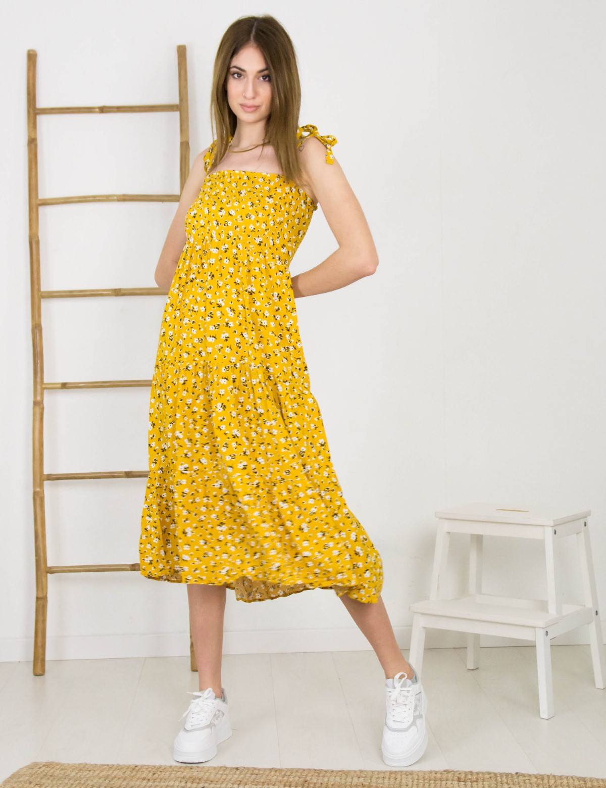 Γυναικείο κίτρινο φλοράλ φόρεμα σφηκοφωλιά 638055Y